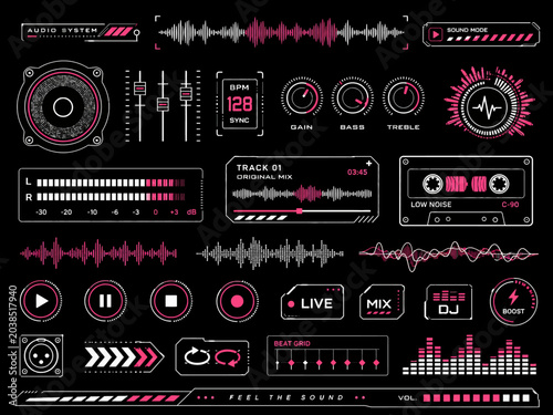 Digital Audio Interface Elements. Modern Music Player UI Components with Futuristic Neon Pink Waveforms, Equalizers, and Sound Controls for Technology and Design