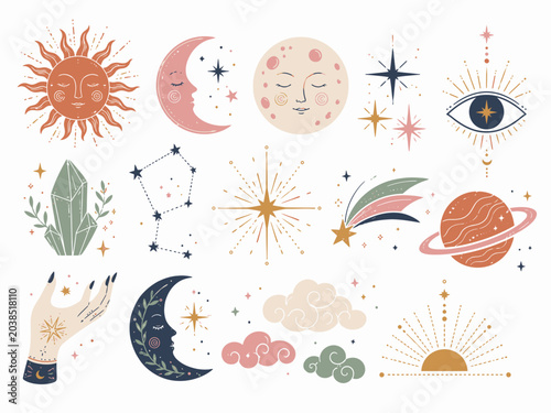 Celestial body illustrations featuring the sun, moon, stars, and constellations in a mystical, astrological theme