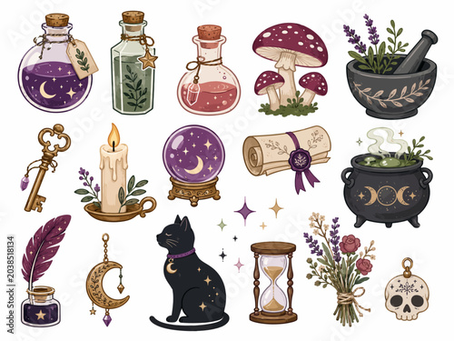 Mystical Witchcraft and Alchemy Collection Potions, Crystals, and Celestial Symbols for Enchanting Designs