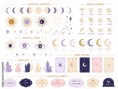 Celestial elements, zodiac symbols, mystical icons, tarot cards, and crystals on a white background, perfect for esoteric designs and branding