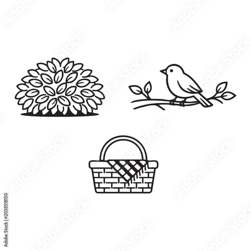 Minimalist Picnic Nature Icon Set Vector. featuring outdoor picnic elements including bush, bird on branch, and woven basket.