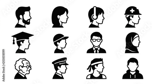 Diverse Human Profile Icons Representing Different Professions and Ages.
