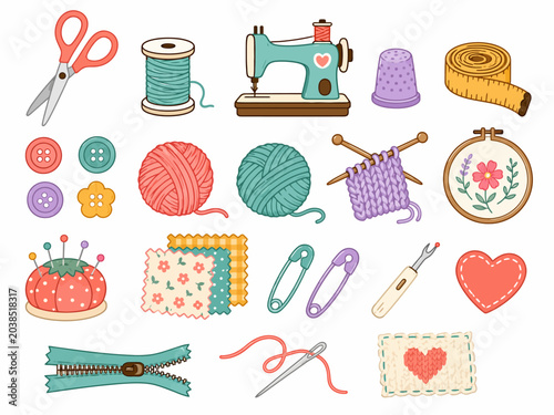 Collection of sewing and crafting supplies, including a sewing machine, fabric, buttons, scissors, and thread