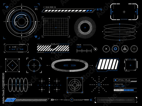 Futuristic HUD elements and graphic interfaces with technology symbols, digital displays and data visualizations