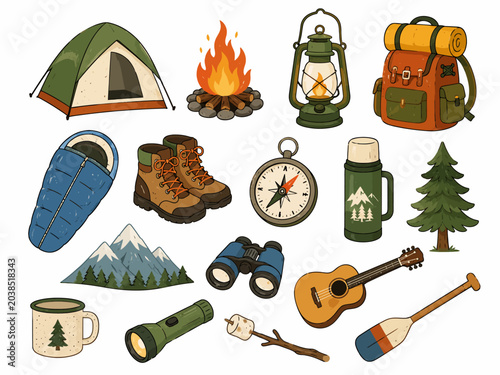 A collection of camping and outdoor adventure equipment, including a tent, sleeping bag, boots, campfire, lantern, backpack, compass, thermos, guitar, binoculars, and paddles for exploring nature
