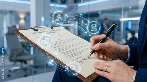 Business Person Signing Legal Agreement with Holographic Contract Icons for Digital Authentication