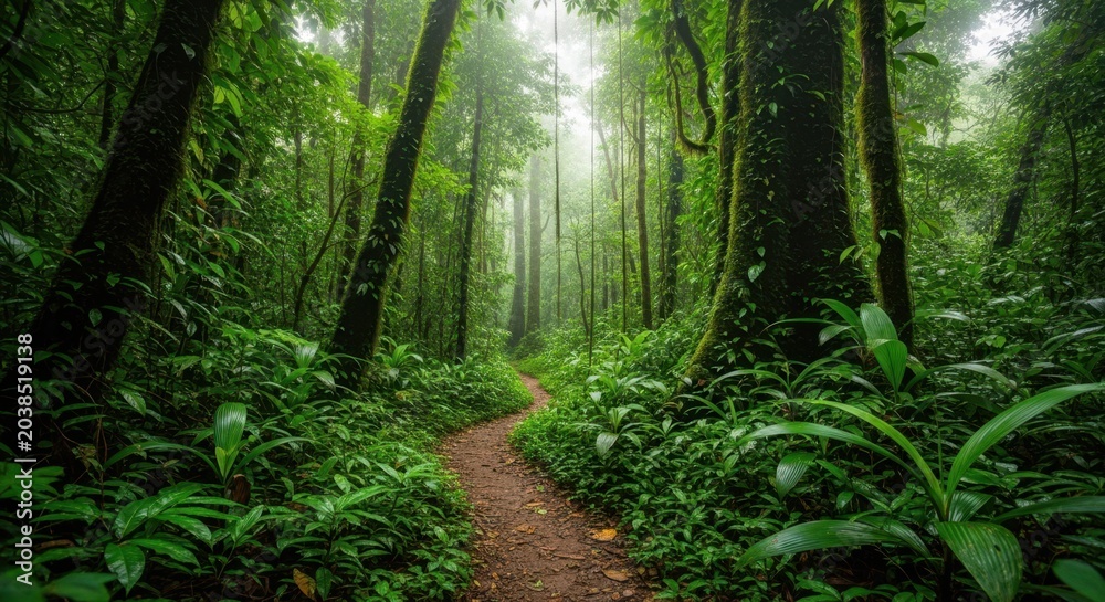 Fototapeta premium A winding dirt path through a lush, green rainforest with tall, moss-covered trees and dense foliage, evoking a sense of serene adventure.