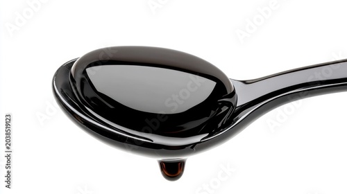 Black spoon with a viscous liquid dripping.