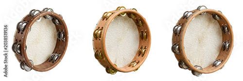 Obraz na płótnie Set of Professional Handheld Tambourines: Traditional Wooden Frame Percussion In