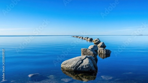 Row of rocks in tranquil water under a clear sky.