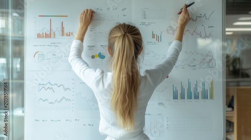 Woman reviewing data on a whiteboard.