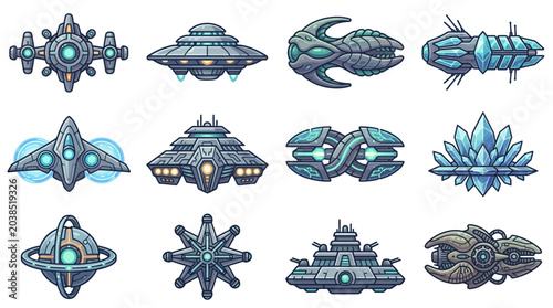 Bild auf Leinwand Collection of futuristic alien spacecraft and spaceships.