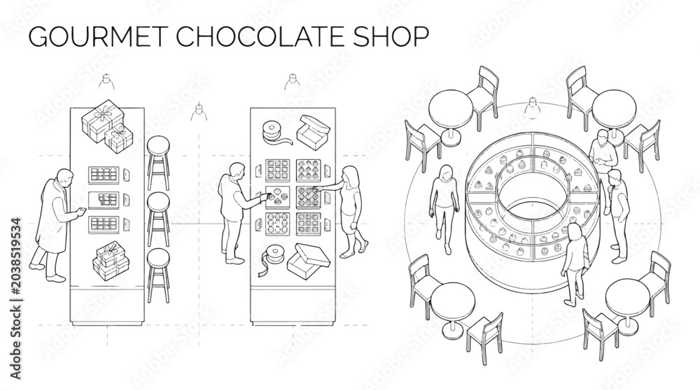 Obraz premium GOURMET CHOCOLATE SHOP PLAN CAD Architectural Lines Designs , Editable Vector Strokes Illustrations. containing architecture, design, line, drawing, shop, gourmet, chocolate and more CAD designs.