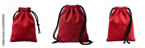 Slika na platnu Set of Red Drawstring Bags and Pouches: Customizable Fabric Sacks for Packaging,
