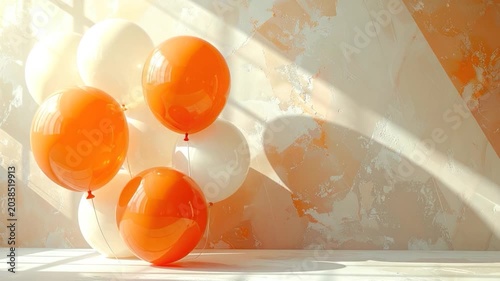 Glossy orange and white balloons float against a textured wall with sunlight