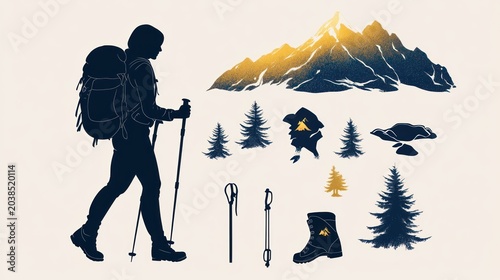 Hiking silhouette with mountain and forest elements.