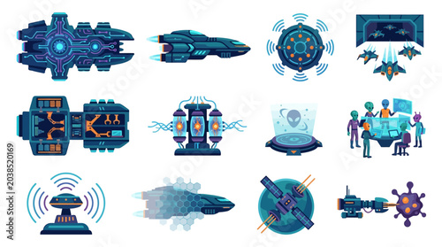 Foto Collection of futuristic science fiction technology and alien elements