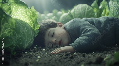 A child sleeps peacefully amidst large cabbages. Sunlight streams down, illuminating the scene