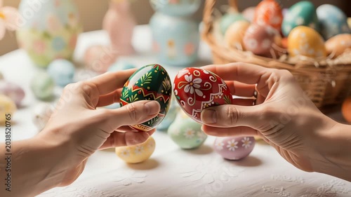 Hands Exchanging Decorated Eggs in Bright Easter Workshop