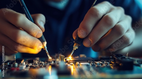 Close-up of hands soldering circuit board
