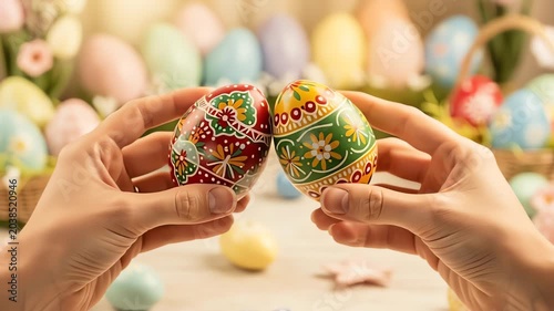 Egg Decorating Hands Holding Colorful Ornate Eggs in Spring Setting