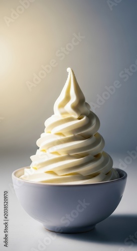 A delightful, swirling mountain of vanilla frozen yogurt dessert served in a ceramic bowl, emphasizing freshness and creamy texture, soft serve, light, ceramic