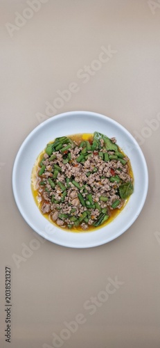 Pad Kra Prao Moo Sub, Stir-Fried Minced Pork with Holy Basil and Long Beans, Traditional Thai street food