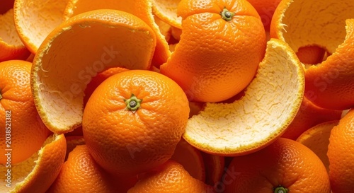 Bright, vivid orange peels piled closely together, showing natural rough texture and vibrant color. Ideal for cooking or decorative use, orange, cooking, aromatic