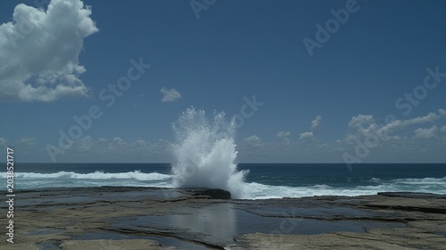 A dramatic coastal splash erupts as waves strike a rocky shoreline under a blue sky