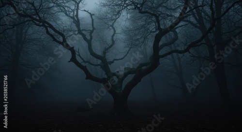 Eerie dark forest wallpaper featuring twisted, ancient trees shrouded in thick, swirling moonlight mist, creating deep, dramatic gothic shadows, branches, rendering, eerie