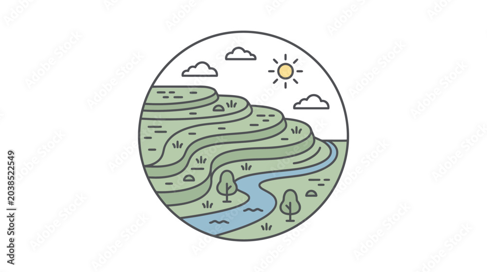 Fototapeta premium Minimalist landscape illustration rolling hills river and sun within a circle