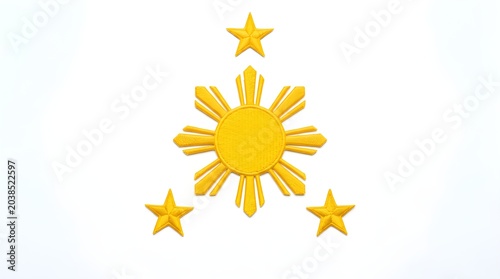 Vector illustration set of gold star award symbols and yellow sun icons with red ribbons designed for summer or spring seasonal labels
