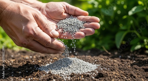 Farmer's hands gently pouring granular fertilizer onto fertile soil, promoting plant growth and healthy crops