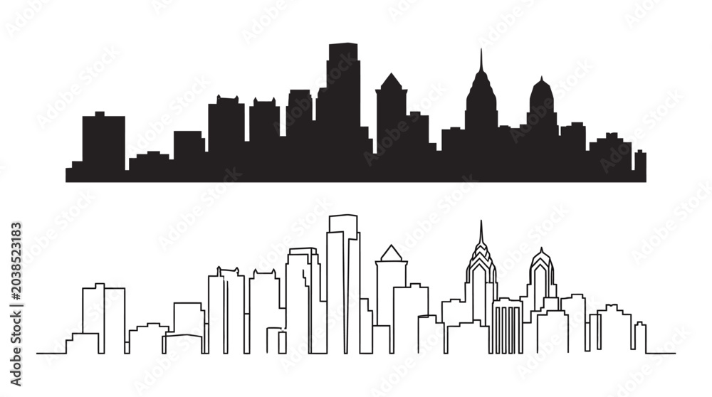 Fototapeta premium Dynamic Urban Cityscape Silhouette and Line Art Vector Set Representing a Modern Architectural Landmark for Design Projects