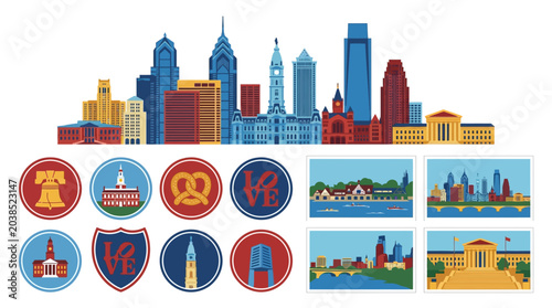 Vibrant Philadelphia Cityscape Vector Collection Iconic Landmarks, Skyline, and Travel Emblems Set for Tourism