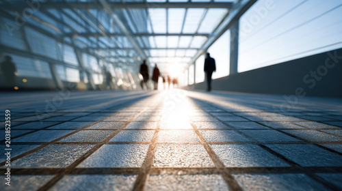 A low-angle, wide shot of a modern glass pedestrian bridge or terminal hallway