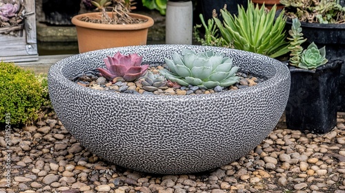 A large round textured concrete planter brimming with colorful succulents
