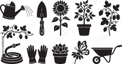 Canvas-taulu Black and white line collection of coffee cups, plants, and decorative line coff