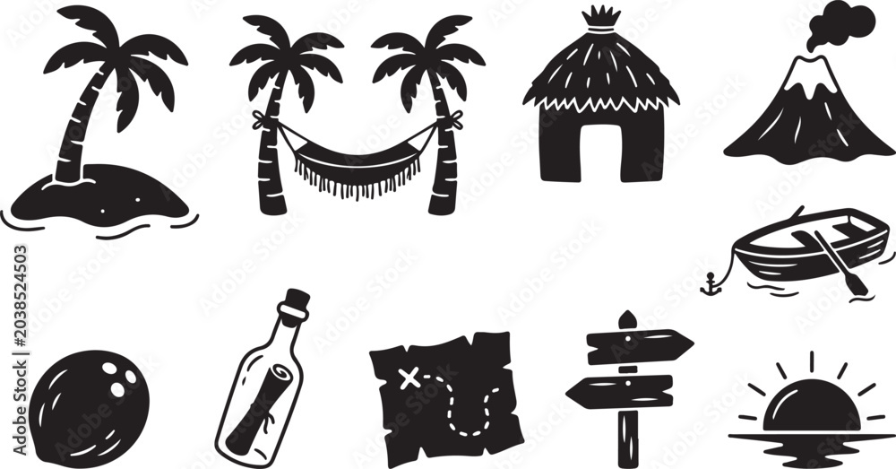 Naklejka premium Black and white of tropical beach, travel, and leisure palm tree umbrella beach chair
