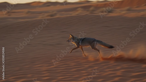 A lone desert canid trotting across sunlit sand dunes at sunset under a dusky sky