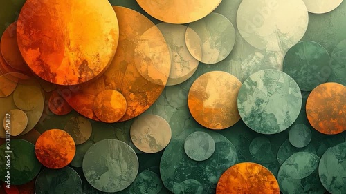 Abstract composition of overlapping circles in autumnal colors with textured surfaces