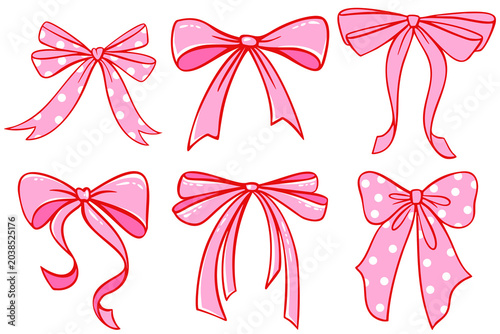 vibrant collection of pink bows with playful polka dot patterns and red outlines, presented in various tied styles, perfect for decorative design elements.