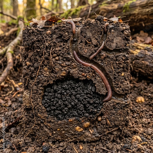 Intricate Cross-Section Of Earthworms In Rich Forest Soil, Detailed Macro Photography