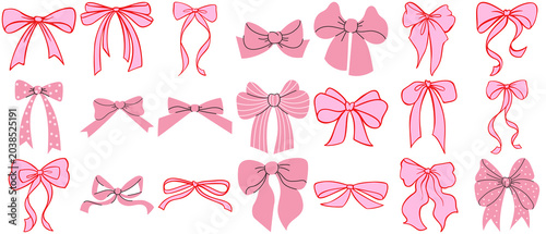 a lovely realistic illustration showcasing a large variety of pink bows with different patterns, ties, and elegant shapes.