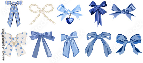 a charming collection of various blue bows, featuring diverse designs with patterns and elegant pearl or heart embellishments.
