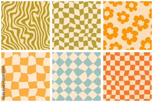 a collection of groovy retro patterns, featuring wavy lines, checkerboards, and floral designs in vibrant olive, orange, and beige tones, perfect for backgrounds.