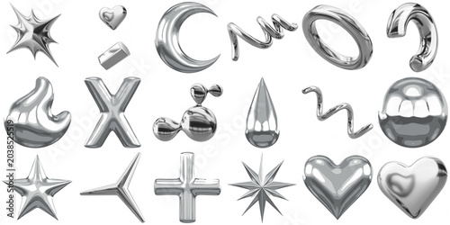 abstract silver metallic shapes and symbols, featuring fluid chrome elements for modern design, a high-quality 3d render.