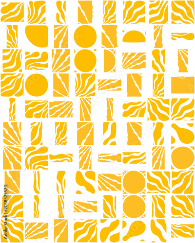 an abstract realistic illustration featuring a dynamic grid of yellow and orange shapes with flowing wavy black lines.