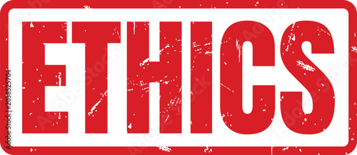 A red rectangular rubber ink stamp with the word ethics written in bold capital letters
