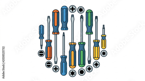 Принти на полотні Collection of Screwdrivers and Screw Heads Arranged in a Circle.
